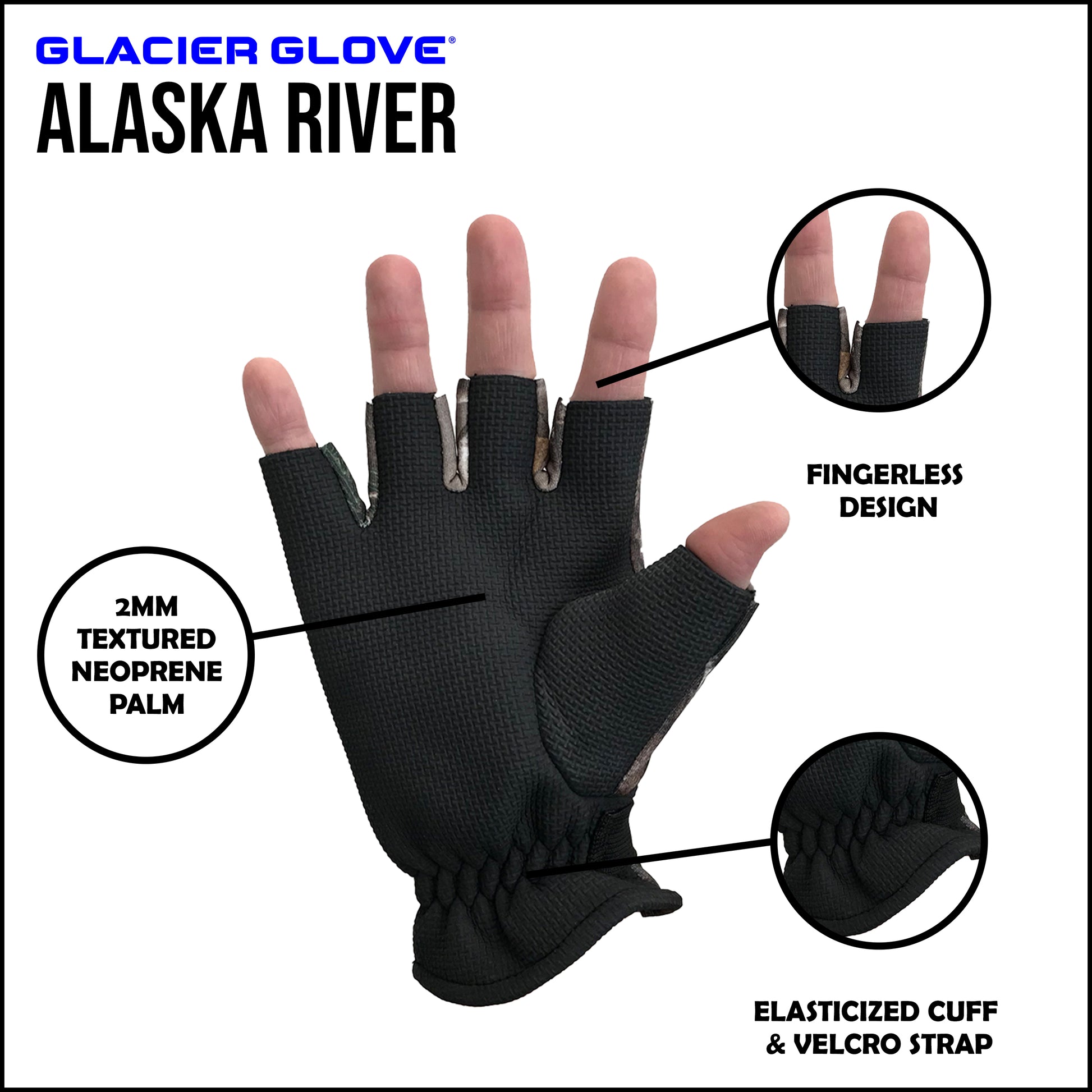 The Alaska River Glove is our best-selling fingerless glove. It provides the most versatile protection during cold and wet outdoor activities without giving up dexterity.