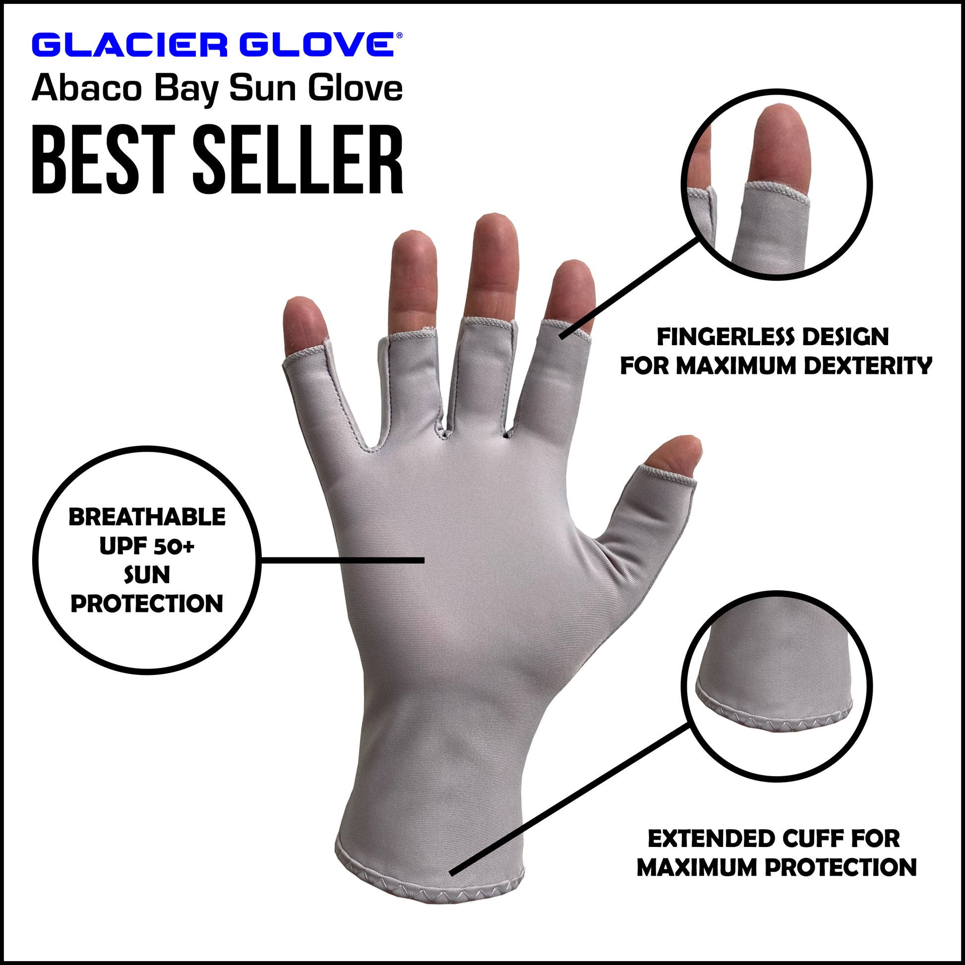 The Abaco Bay Sun Glove is the most popular model in our sun protection line. Independently tested and verified, it is rated at the maximum protection of UPF 50+. Providing both hand and wrist protection, this glove is great for any of your outdoor adventures.